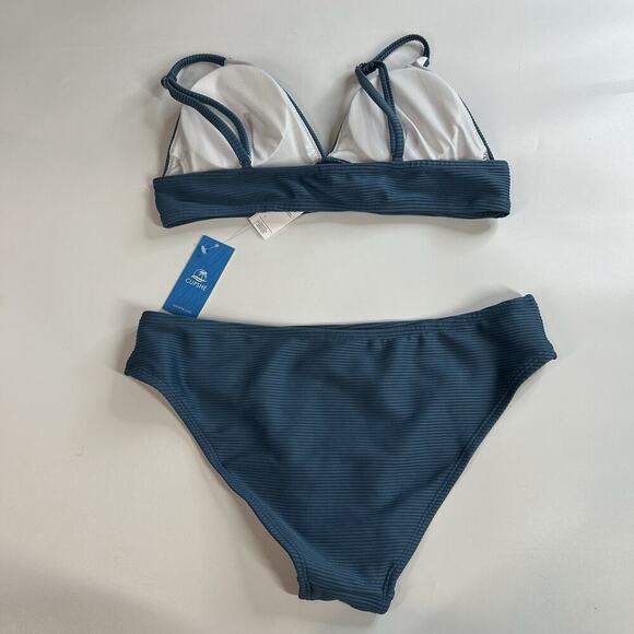 Cupshe Swimsuit Women’s Medium Triangle Bikini Blue Ribbed Knit Beach Vacation - Picture 5 of 6
